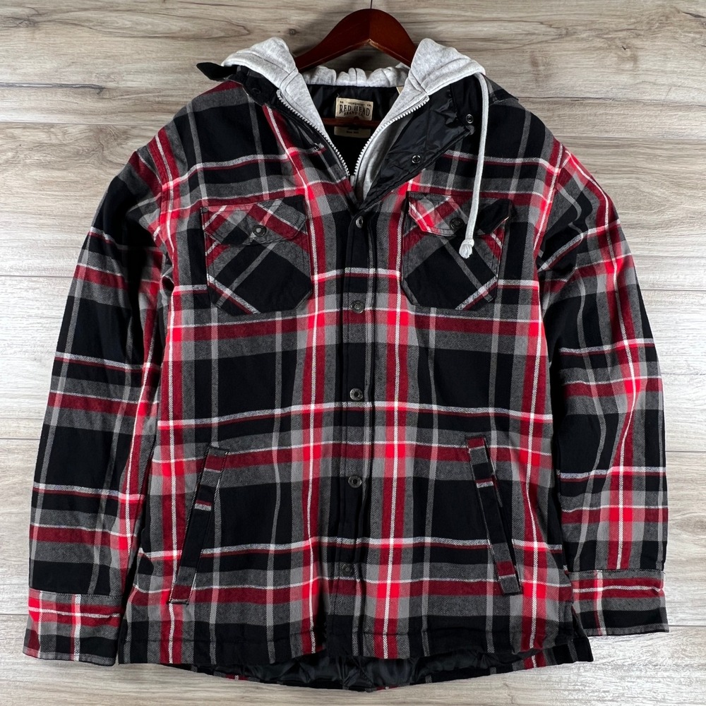 RedHead Mens Hooded Flannel Shirt Jacket Red Black Plaid Quilted 602RHF188180W